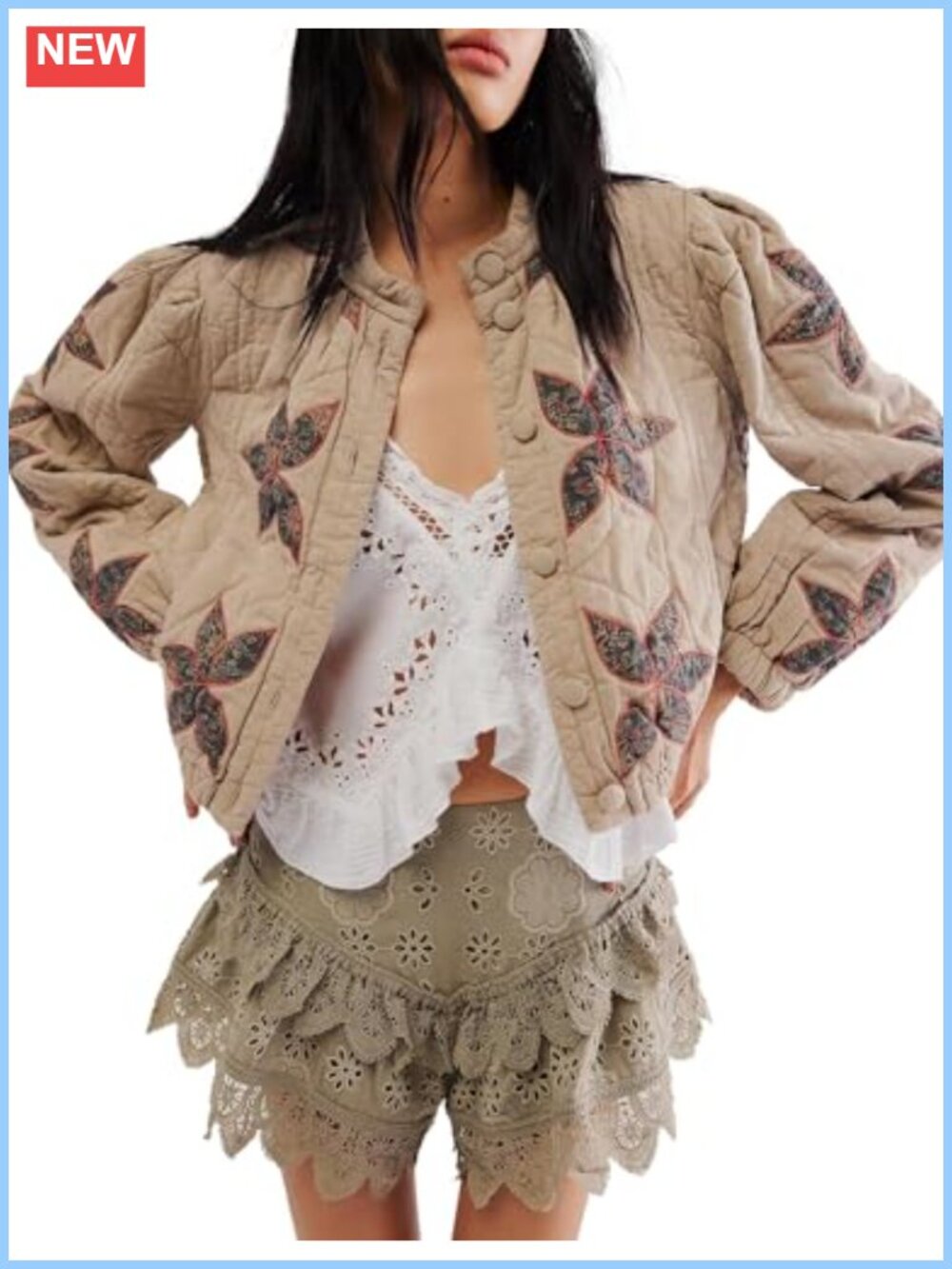 Women's Floral Quilted Cropped Puffer Jacket Lightweight Button Down Winter Coat